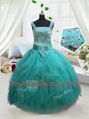 Trendy Square Turquoise Ball Gowns Beading and Ruffles and Belt Little Girls Pageant Dress Lace Up Tulle Sleeveless Floor Length