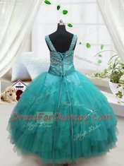 Trendy Square Turquoise Ball Gowns Beading and Ruffles and Belt Little Girls Pageant Dress Lace Up Tulle Sleeveless Floor Length