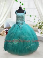 Trendy Square Turquoise Ball Gowns Beading and Ruffles and Belt Little Girls Pageant Dress Lace Up Tulle Sleeveless Floor Length