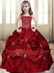 Wine Red Taffeta Lace Up Flower Girl Dresses for Less Sleeveless Floor Length Beading and Pick Ups