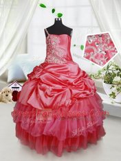 Chic Ruffled Floor Length Ball Gowns Sleeveless Red Kids Formal Wear Lace Up