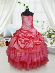 Chic Ruffled Floor Length Ball Gowns Sleeveless Red Kids Formal Wear Lace Up