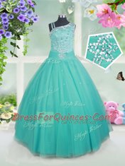 Cheap Asymmetric Sleeveless Zipper Little Girls Pageant Gowns Turquoise Tulle