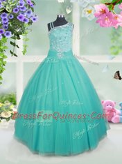Cheap Asymmetric Sleeveless Zipper Little Girls Pageant Gowns Turquoise Tulle