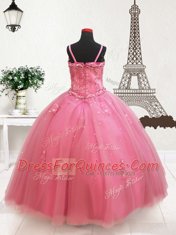 Top Selling Hot Pink Little Girls Pageant Dress Wholesale Quinceanera and Wedding Party and For with Beading and Appliques Straps Sleeveless Zipper
