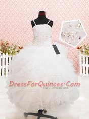 Extravagant White Ball Gowns Beading and Lace and Ruffles Pageant Gowns For Girls Zipper Organza Sleeveless Floor Length