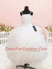 Extravagant White Ball Gowns Beading and Lace and Ruffles Pageant Gowns For Girls Zipper Organza Sleeveless Floor Length