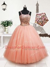 Inexpensive Sequins Straps Sleeveless Zipper Toddler Flower Girl Dress Peach Tulle