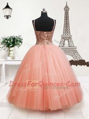 Inexpensive Sequins Straps Sleeveless Zipper Toddler Flower Girl Dress Peach Tulle