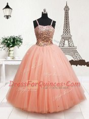 Inexpensive Sequins Straps Sleeveless Zipper Toddler Flower Girl Dress Peach Tulle