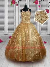 Sequins Floor Length Gold Kids Formal Wear Straps Sleeveless Lace Up