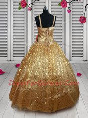 Sequins Floor Length Gold Kids Formal Wear Straps Sleeveless Lace Up