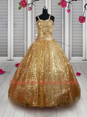 Sequins Floor Length Gold Kids Formal Wear Straps Sleeveless Lace Up