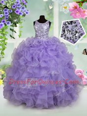 Scoop Floor Length Lavender Girls Pageant Dresses Organza Sleeveless Beading and Ruffles