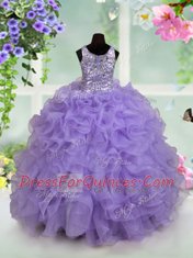 Scoop Floor Length Lavender Girls Pageant Dresses Organza Sleeveless Beading and Ruffles