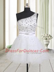 White Zipper One Shoulder Beading Prom Dresses Tulle Sleeveless