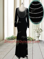 Artistic Scoop Black Column/Sheath Beading Prom Evening Gown Backless Elastic Woven Satin Long Sleeves Floor Length
