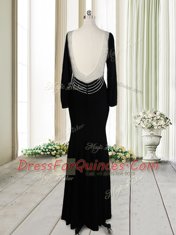 Artistic Scoop Black Column/Sheath Beading Prom Evening Gown Backless Elastic Woven Satin Long Sleeves Floor Length