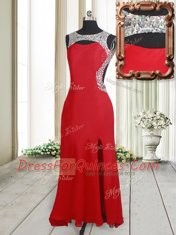 Flare Elastic Woven Satin Scoop Sleeveless Brush Train Backless Beading Homecoming Dress in Red