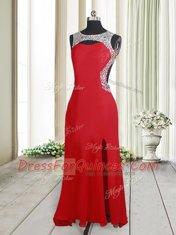 Flare Elastic Woven Satin Scoop Sleeveless Brush Train Backless Beading Homecoming Dress in Red