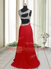 Flare Elastic Woven Satin Scoop Sleeveless Brush Train Backless Beading Homecoming Dress in Red