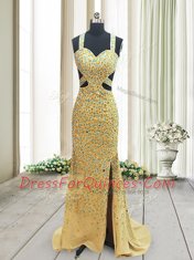 Straps Sleeveless Brush Train Backless Beading Prom Gown