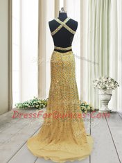 Straps Sleeveless Brush Train Backless Beading Prom Gown