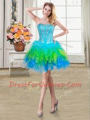 Multi-color Tulle Lace Up Sweetheart Sleeveless Mini Length Evening Dress Beading and Ruffles