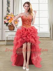 Coral Red Sleeveless Beading and Ruffles High Low Prom Dresses
