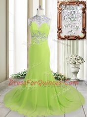 Romantic Sleeveless Brush Train Backless Beading Prom Evening Gown