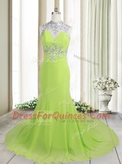 Romantic Sleeveless Brush Train Backless Beading Prom Evening Gown