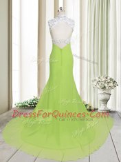 Romantic Sleeveless Brush Train Backless Beading Prom Evening Gown
