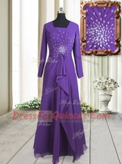 Square Long Sleeves Floor Length Beading Purple Chiffon