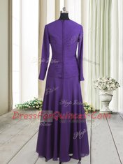 Square Long Sleeves Floor Length Beading Purple Chiffon