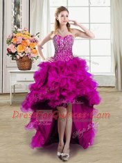 Glorious Beading Prom Evening Gown Fuchsia Lace Up Sleeveless High Low