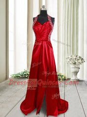 Popular Halter Top Beading Prom Gown Wine Red Criss Cross Sleeveless Brush Train