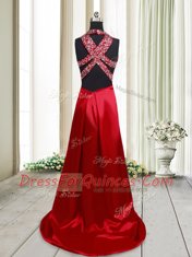 Popular Halter Top Beading Prom Gown Wine Red Criss Cross Sleeveless Brush Train