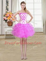 Exceptional Lilac Ball Gowns Organza Strapless Sleeveless Beading and Appliques and Ruffles Mini Length Lace Up Prom Dress