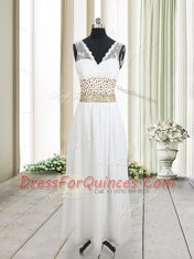 New Style White Column/Sheath Beading and Belt Dress for Prom Zipper Chiffon Sleeveless Ankle Length