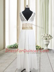 New Style White Column/Sheath Beading and Belt Dress for Prom Zipper Chiffon Sleeveless Ankle Length