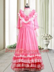 Customized Pink Dress for Prom Prom and For with Beading and Lace and Ruffled Layers V-neck Long Sleeves Brush Train Zipper