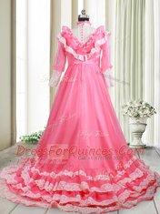Customized Pink Dress for Prom Prom and For with Beading and Lace and Ruffled Layers V-neck Long Sleeves Brush Train Zipper