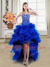 Delicate Royal Blue Ball Gowns Beading and Ruffles Evening Dress Lace Up Organza Sleeveless High Low