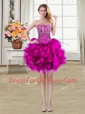 Fuchsia Sleeveless Beading and Ruffles Mini Length