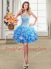 Fancy Mini Length Lace Up Evening Dress Baby Blue for Prom and Party with Beading and Ruffles and Sequins