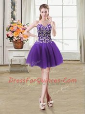 Sleeveless Mini Length Beading and Sequins Lace Up with Purple