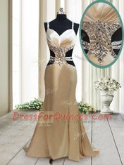 Excellent Mermaid Champagne Criss Cross Straps Beading Dress for Prom Elastic Woven Satin Sleeveless Sweep Train