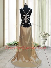 Excellent Mermaid Champagne Criss Cross Straps Beading Dress for Prom Elastic Woven Satin Sleeveless Sweep Train