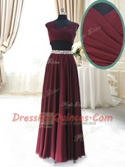 On Sale Burgundy V-neck Zipper Beading and Belt Prom Dresses Cap Sleeves