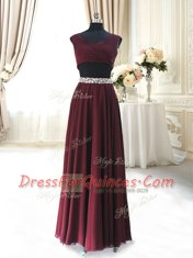 On Sale Burgundy V-neck Zipper Beading and Belt Prom Dresses Cap Sleeves